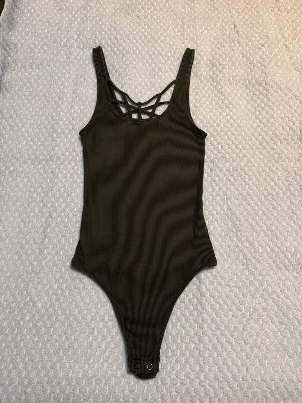 Express Olive Green Ribbed Bodysuit with Lattice Neckline